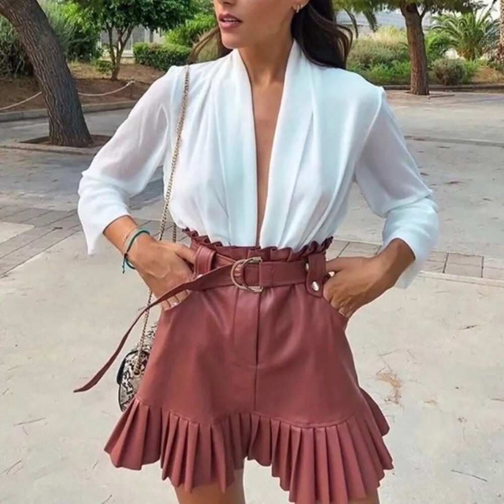 Zara NWT Faux Leather Pleated Skirt Size Small Brown